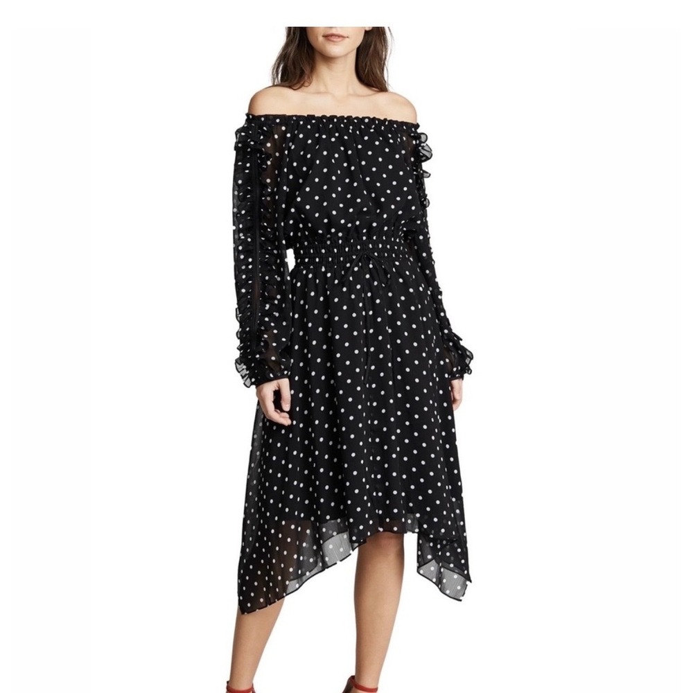 Club Monaco Polka Dot Off Shoulder Ruffle Sleeve Handkerchief Hem Midi Dress M